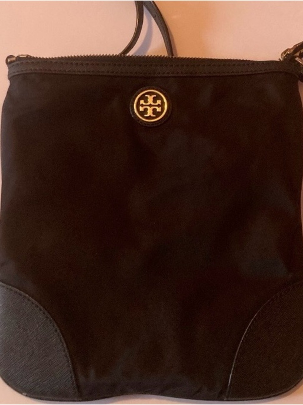 Tory Burch black Crossbody bag with leather trim,Gold hardware and Logo